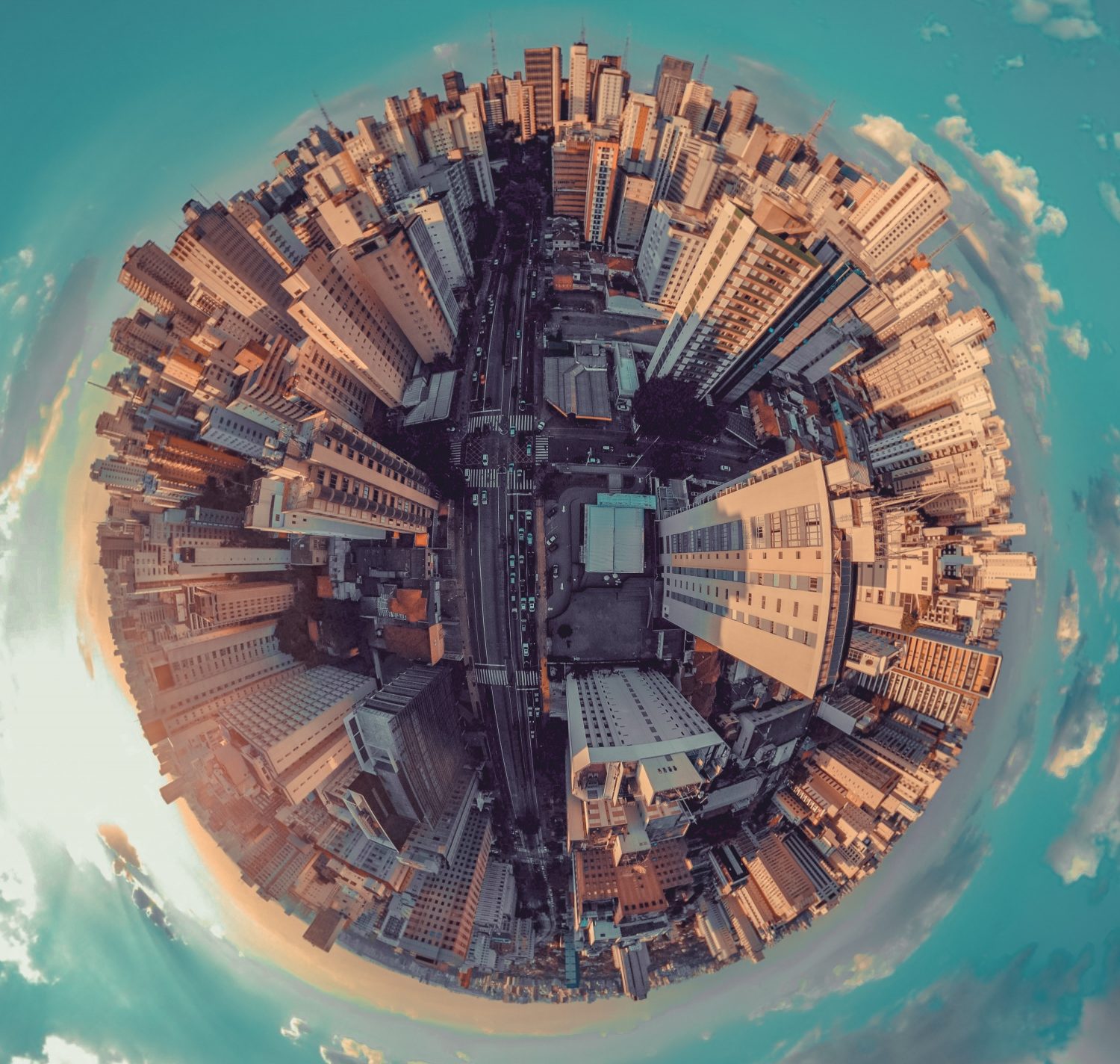 picturesque view of a cityscape through a fish lens