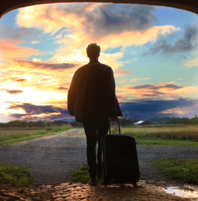 sales funnel man wheeling a suitcase
